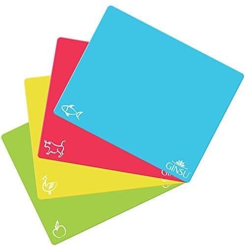 Ginsu Extra Thick 1.2mm Flexible Plastic Cutting Boards: Dishwasher Safe  BPA Free Colorful Cutting Mats with Slip Resistant Waffle Back (Set of 4)