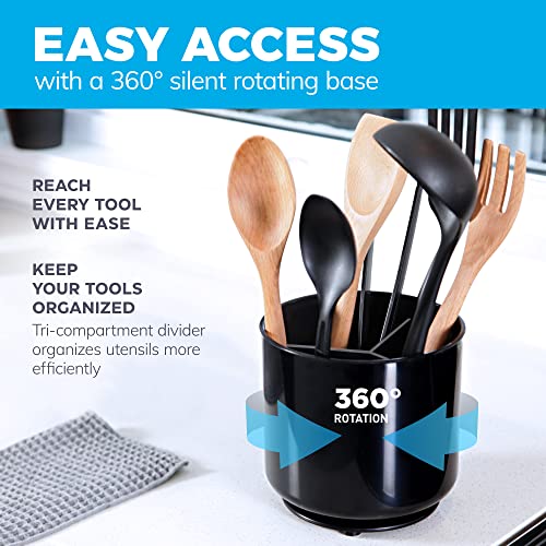 Cooler Kitchen Extra Large and Sturdy Rotating Utensil Holder Caddy with No-Tip Weighted Base, Removable Divider, and Gripped Insert | Rust Proof and Dishwasher Safe