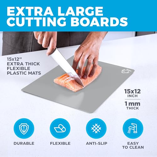 Extra Thick Flexible Plastic Cutting Board Mats With Food Icons & "EZ-Grip" Waffle Back, (Set of 4)…