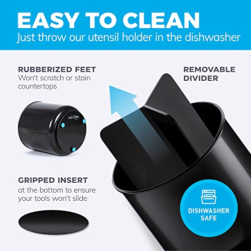 Cooler Kitchen Extra Large and Sturdy Rotating Utensil Holder Caddy with No-Tip Weighted Base, Removable Divider, and Gripped Insert | Rust Proof and Dishwasher Safe