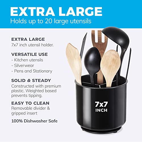 Cooler Kitchen Extra Large and Sturdy Rotating Utensil Holder Caddy with No-Tip Weighted Base, Removable Divider, and Gripped Insert | Rust Proof and Dishwasher Safe