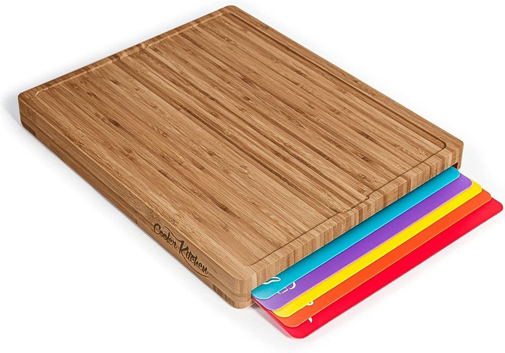 Extra Large Bamboo Chopping Board with 6 Flexible Cutting Mats Set Colour  Coded 5025562385452