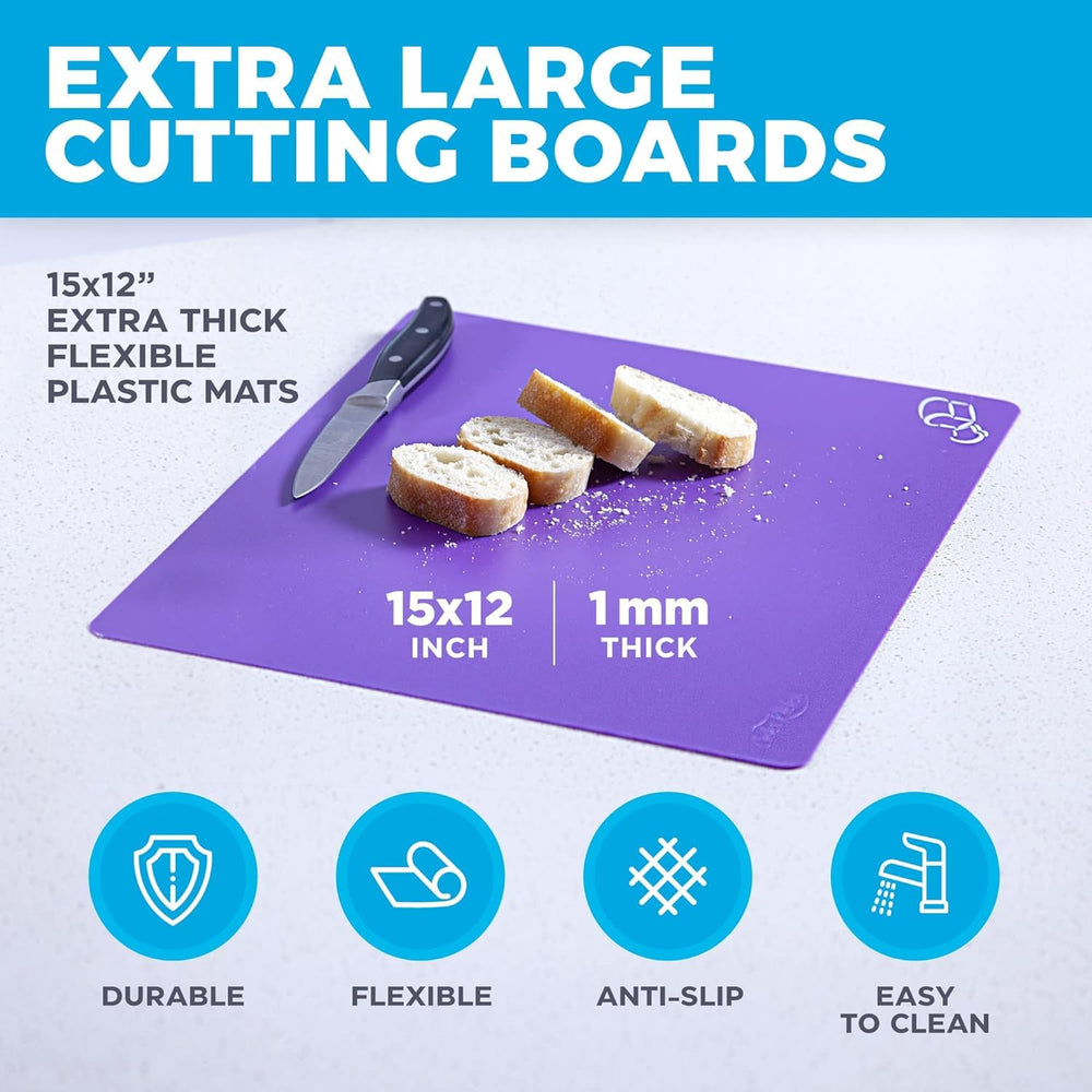 Extra Thick Flexible Plastic Cutting Board Mats with Food Icons & EZ-Grip Waffle Back, (Set of 6) Dishwasher Safe