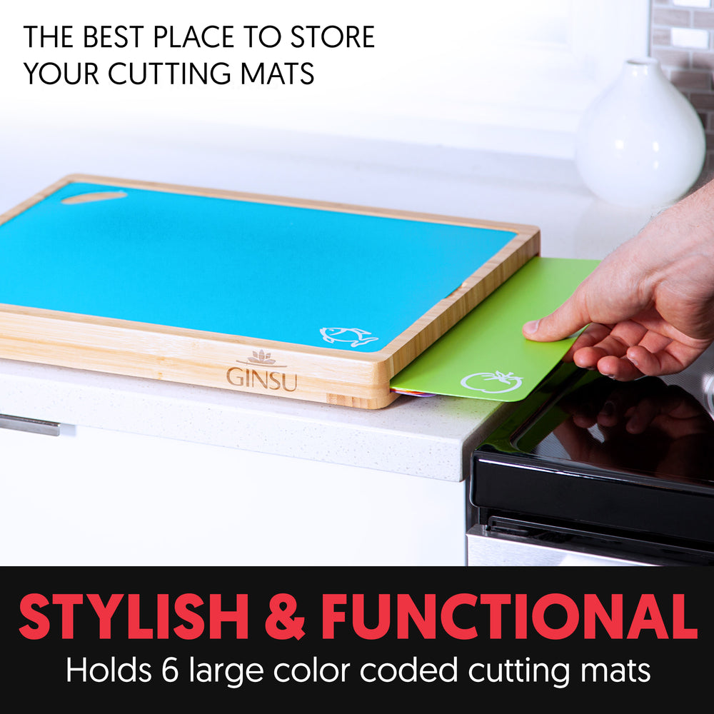 Ginsu Bamboo Wood Cutting Board Set with 6 Color-Coded Mats and Food I –  Cooler Kitchen